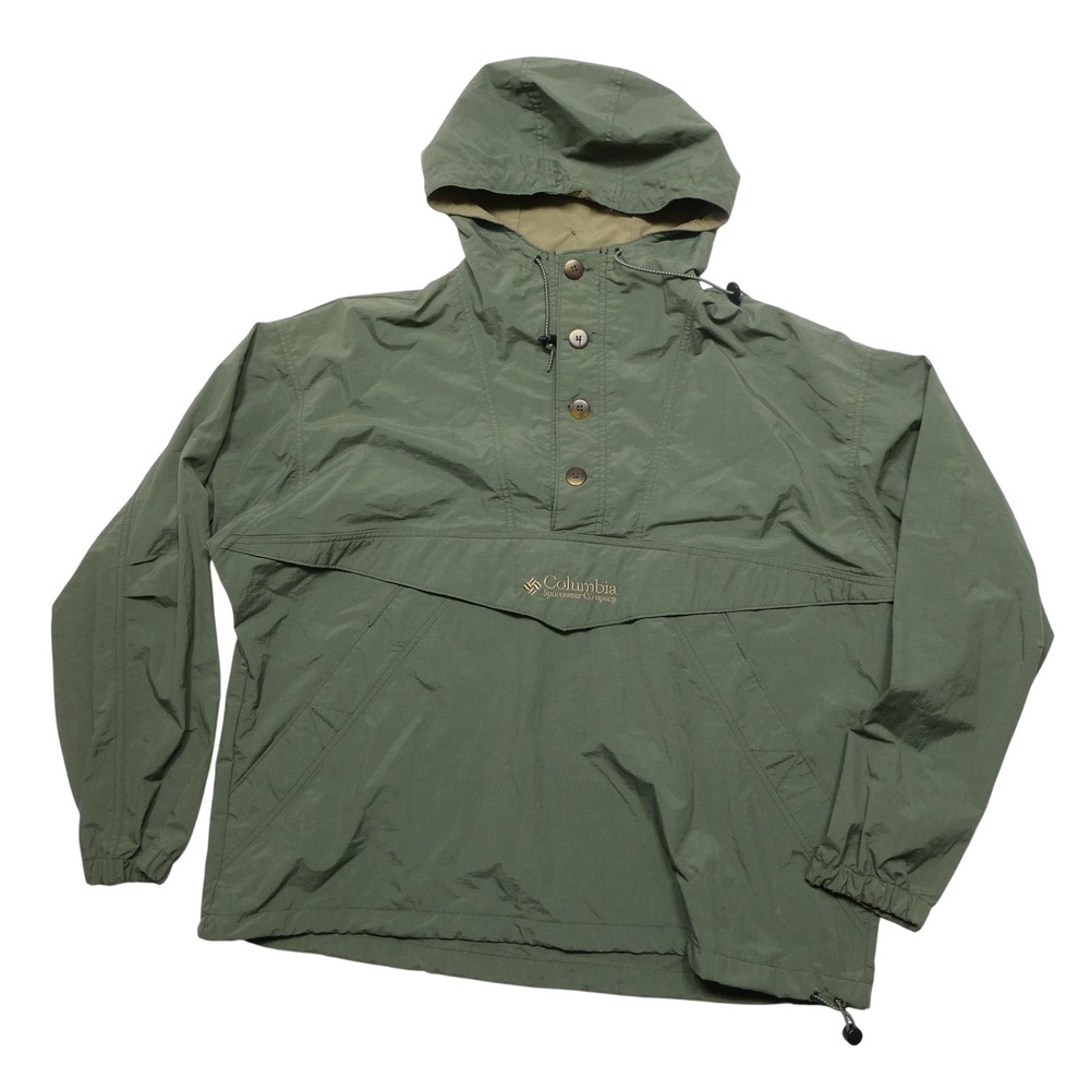 Vintage Columbia Jacket Mens Large Green Hooded Pullover Anorak Windbreaker 90s